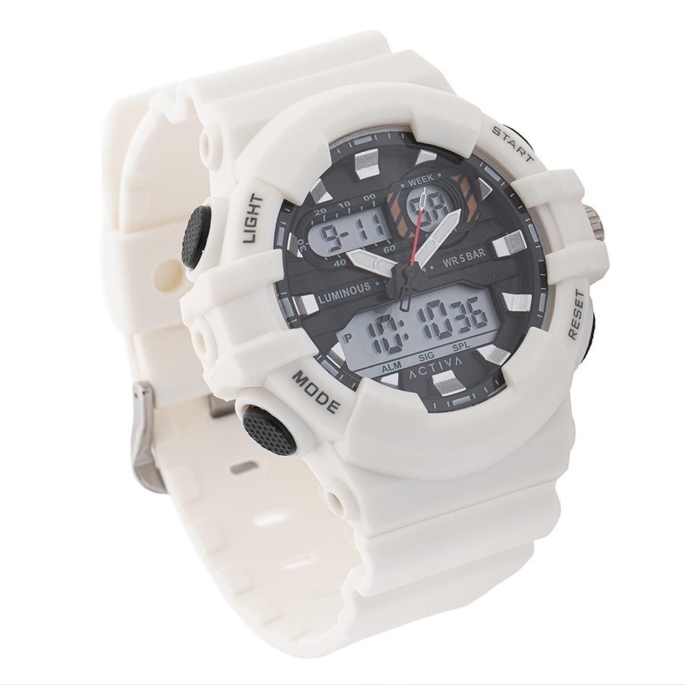 Activa White Analog Digital Sport Watch Dual Time Resin Band NWT